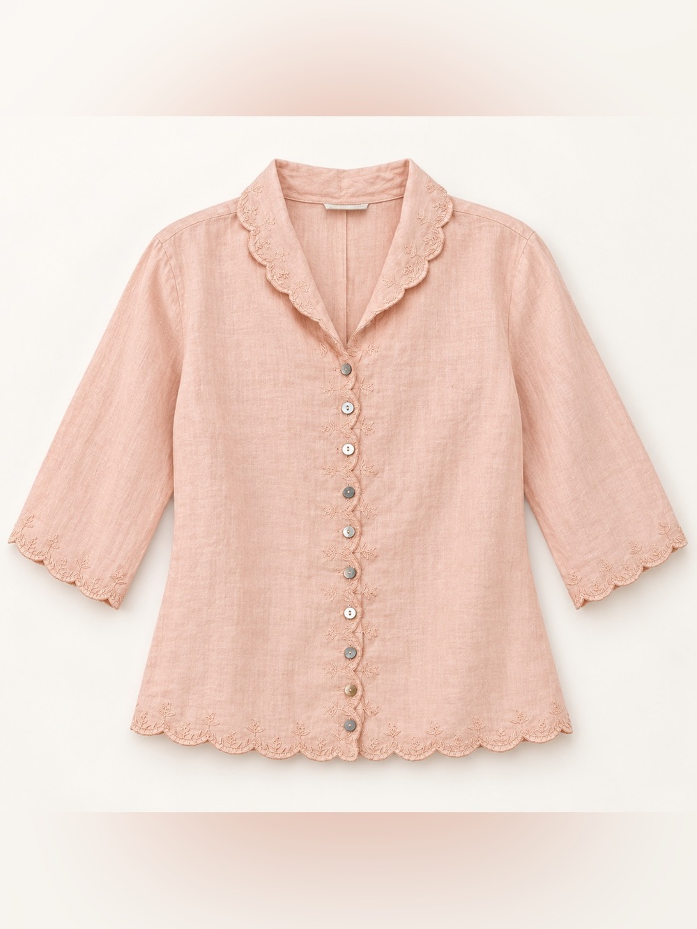 Lord & Taylor Scalloped-Edge Pink Linen Button Blouse